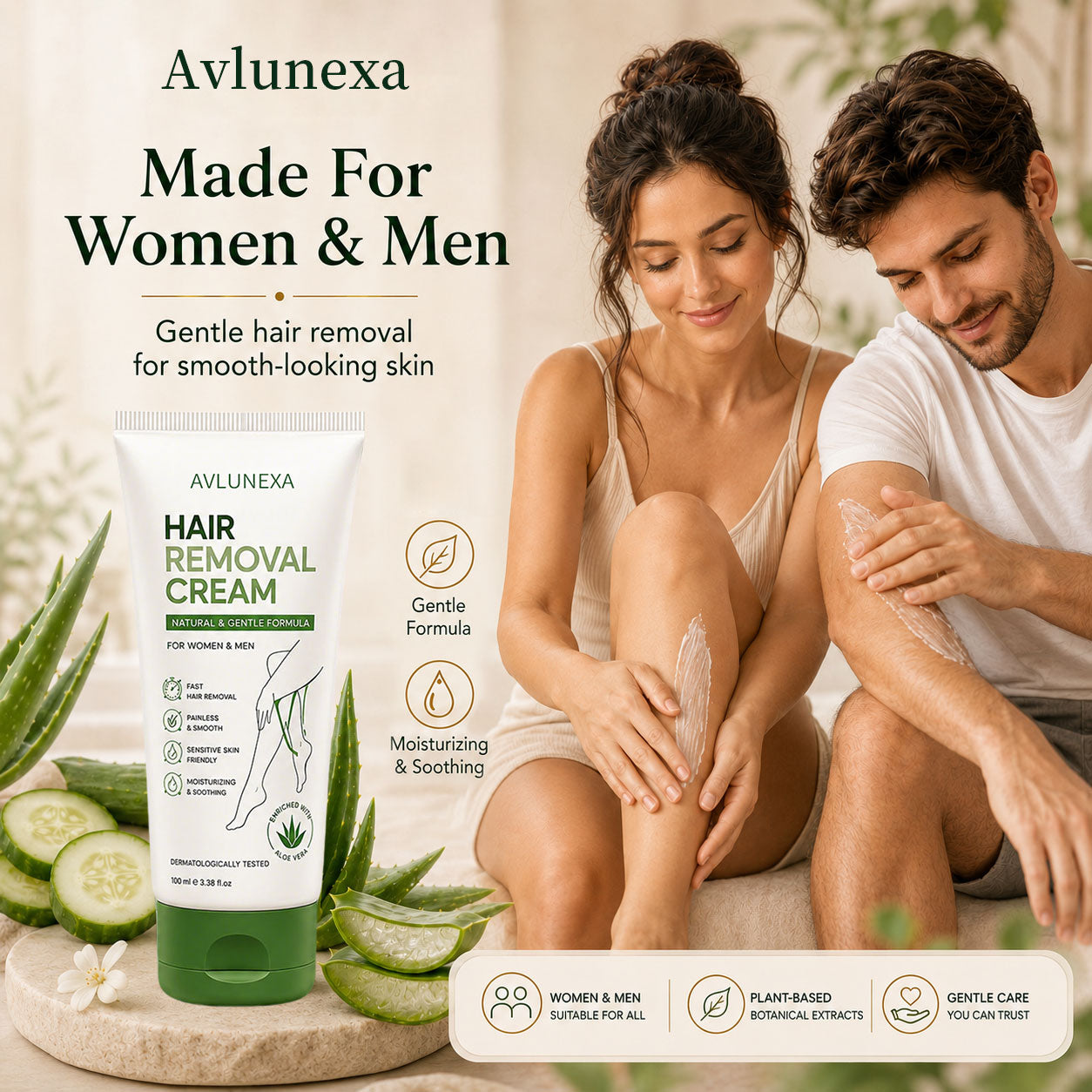 AVLUNEXA™ Natural Gentle Hair Removal Cream | For Women & Men, Sensitive Skin