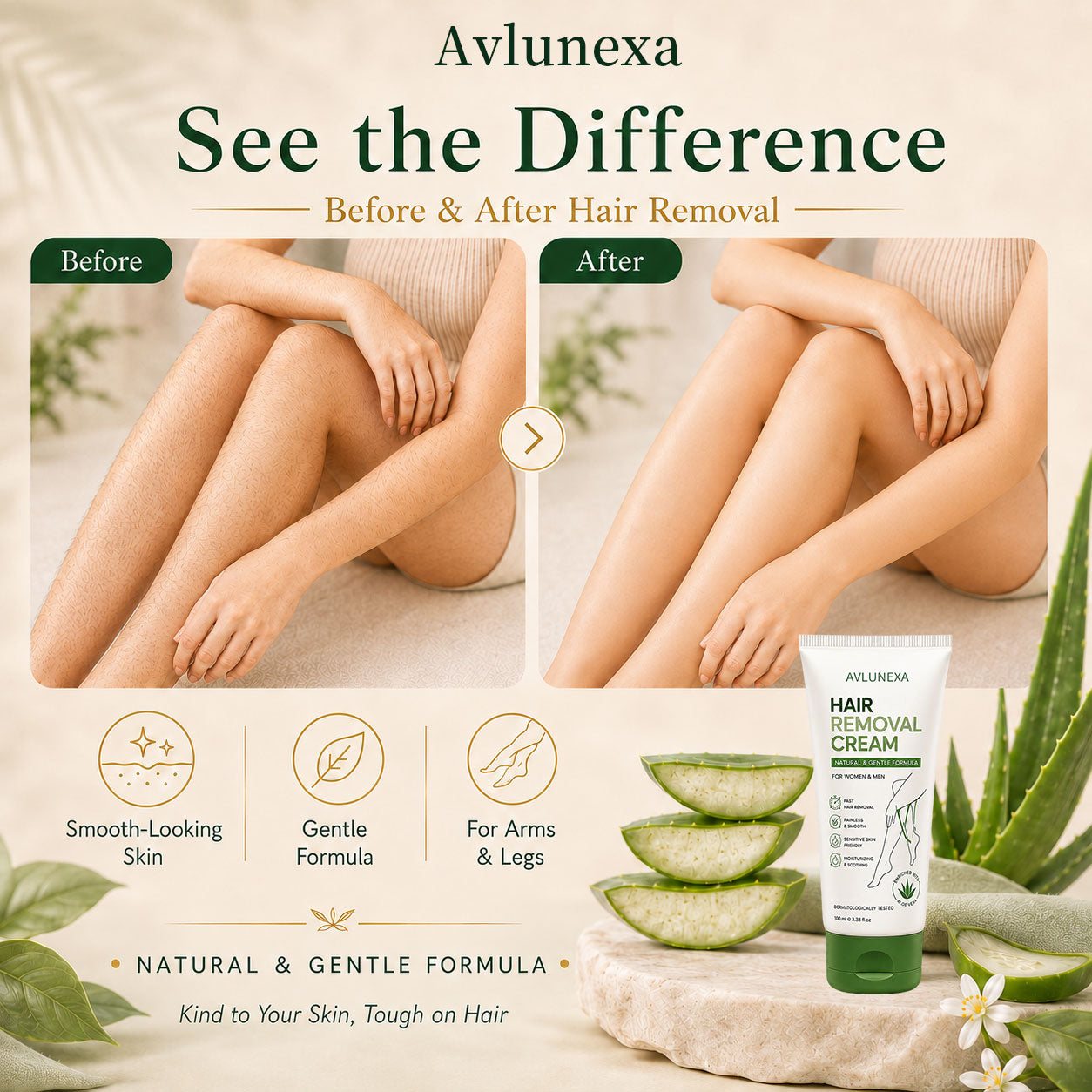 AVLUNEXA™ Natural Gentle Hair Removal Cream | For Women & Men, Sensitive Skin